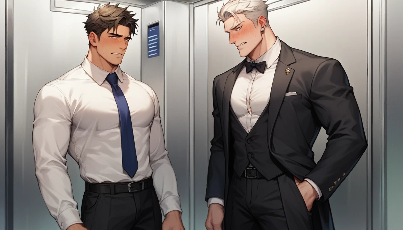best quality, masterpiece, yaoi, 2boys, handsome young man with curtain bangs wearing black business suit, embarrassed expression, older gentleman strokes his hair, kabedon, in elevator, cinematic lighting, dramatic shadows