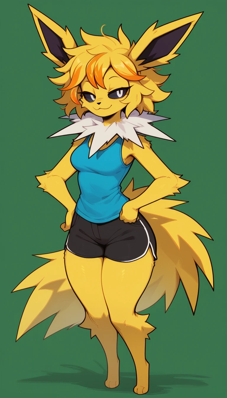 Seductive expression, 1girl, anthro, furry, fur, fluffy fur, jolteon girl, white neck tuft, yellow hair (Orange highlights), black sclera, white eyes, short hair, Messy hair, (19 years), medium breast, thicc thighs, solo, (green background), detailed, smug smile, blue sleeveless shirt, black shorts, half-closed eyes, (full body), score_9, score_8_up, score_7_up, score_6_up, score_5_up, score_4_up