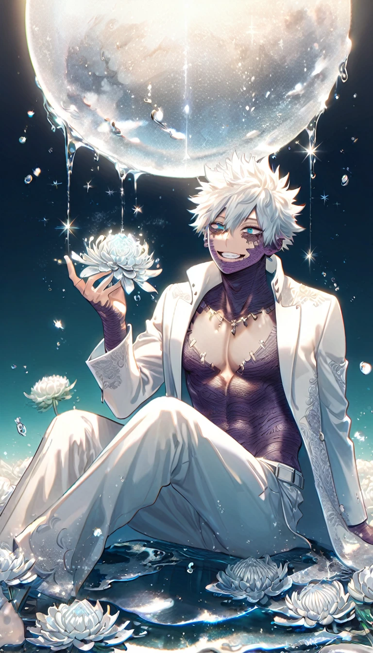 absurdres, highres, ultra detailed, HDR, master piece, best quality, extremely detailed, Dabi, white hair, expressive turquoise eyes, Boku No Hero Academia, solo, sexy man sitting, handsome, smile, white coat, without shirt, white pants, fantasy, water, sparkling, silver glittering fireflies, silver moon, silver blossoms, silver chrysanthemums, silver sparkling lights, starry sky, magical
