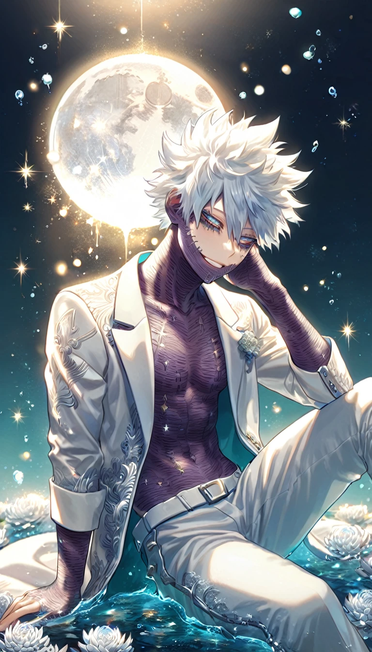 absurdres, highres, ultra detailed, HDR, master piece, best quality, extremely detailed, Dabi, white hair, expressive turquoise eyes, Boku No Hero Academia, solo, sexy man sitting, handsome, smile, white coat, without shirt, white pants, fantasy, water, sparkling, silver glittering fireflies, silver moon, silver blossoms, silver chrysanthemums, silver sparkling lights, starry sky, magical