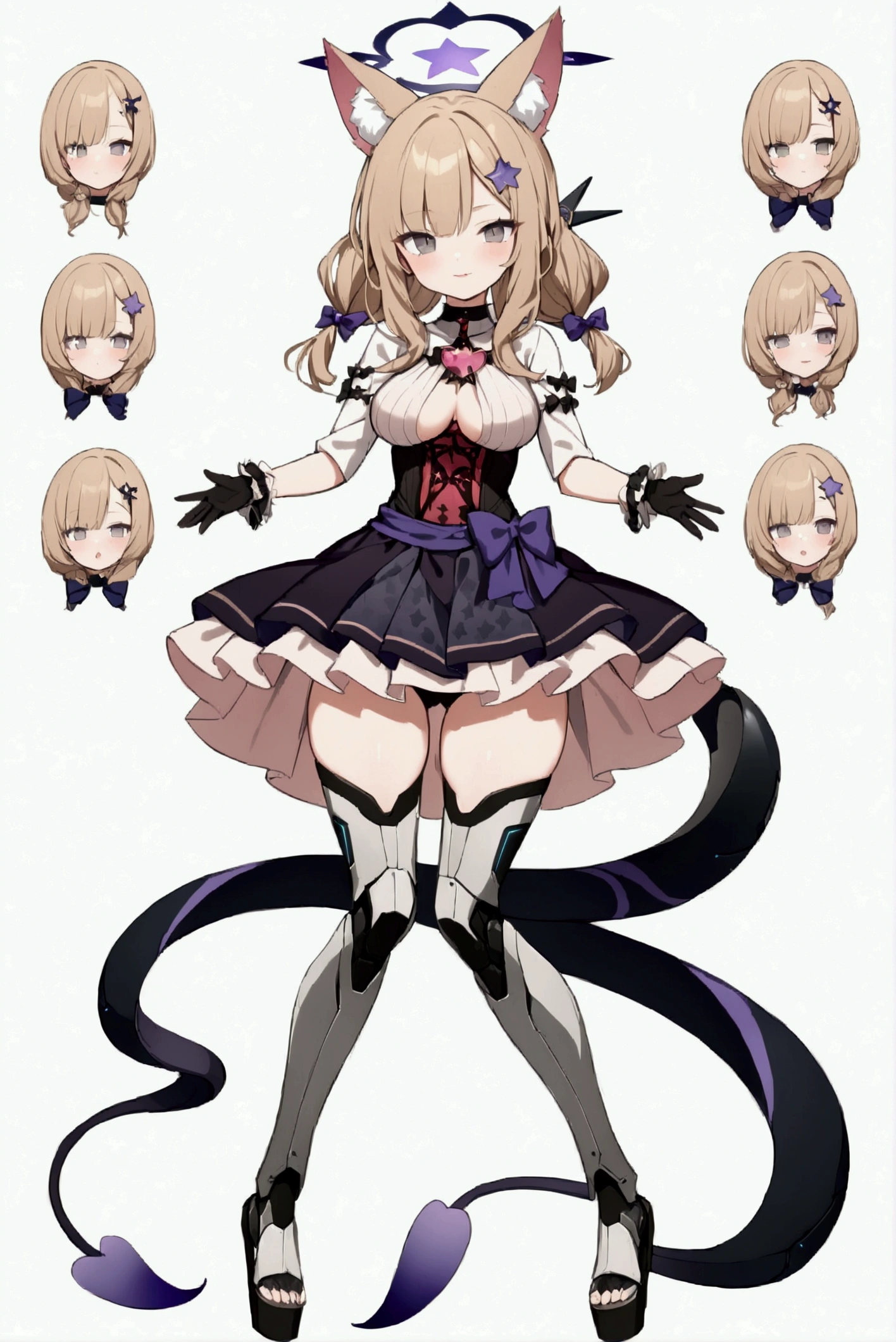woman 170 cm tall, medium chest, wide hip, slim build, charming look, ((whole body)), (((character design sheet: front view))), (dark blonde hair, ((hip length wavy hair, asymmetrical bangs, star hairpin)), (She has a short braid tied with an elegant purple ribbon on the left side of her hair above her chest), (She has a short braid tied with an elegant purple ribbon on the right side of her hair above her chest), small hair bows at the back of your hair.), ((Gray eyes with a pink 4-pointed star in the pupil.)), (Two black and purple fox ears located on the top of the head.), (Luminous black horizontal halo with purple star patterns above head), He has a black collar with a heart emblem on his neck., (Elegant long one piece dress, Thigh-length lace and ruffle skirt, large bow at the back of the hip, ribbon decorations and star patterns on the dress), black ruffled gloves, Black platform heels, gray belt at the waist with a large ribbon with a luminous pink heart in the middle, ((It has a small succubus tail that ends in the shape of a heart.)), (((It has complex mechanical legs that reach up to the thighs., black color with small red and purple details.))), extremely detailed beautiful hair, beautiful detailed dress, extremely detailed arms, extremely detailed face, (Extremely detailed hands), perfect hands, small face, Beautiful detailed eyes, beautiful detailed lips, adorable, extremely detailed legs, (Best Quality, 4k, high resolution), ultra detailed, Exquisite and epic character art, ((White background)), (Focus on symmetry).