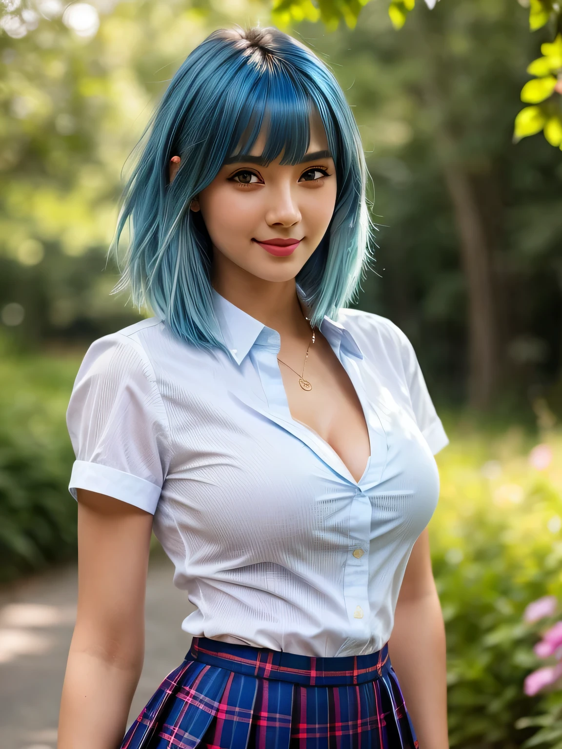 (blue hair:1.4), short hair, realistic green eyes, cobalt hair, long bob hair, tousled hair, shoulder length hair, Full body, woman with white skin and Asian features, 24 year old, big breast. She has a small, elegant nose with a slight upward curve at the tip. Her lips are full and naturally pink, with a well-defined Cupid's bow. Her teeth are straight and white, enhancing her captivating smile. Her face has an oval shape with high cheekbones that add to her model-like appearance. (crack), detailed (texture!, shine, color!!, flaws: 1.1), highly detailed glowing eyes, (looking at camera), specular light, dslr, extreme quality, crystal clear, cute face, detailed skin pores, oil Dark skin, brown, complex eye details, she is far from the camera, A full-body portrait, captured from a distance. Dynamic Frame, 8K, Best quality, masterpiece, ultra high res, film grain, looking at viewer, natural skin texture, realistic eye and face details, full lips, lipstick, (makeup), red eyeshadow, smile, close mouth, beautiful legs, tall female, skinny, slim_legs, solo, enormous breast, cleavage, Pose with buttocks facing you, ultra short skirt, ass, shirt, beautiful nature location, around flower location, (detailed background), plaid skirt, white shirt, cleavage, Show a little cleavage through the shirt, loafers, blurry background, blurry, holding, plaid, short sleeves, jk ribbon on the neck, jk ribbon, bracelet, water, bangs, , jewelry, parted lips, lips, from side, pleated skirt, depth of field, (short hair:1.3)