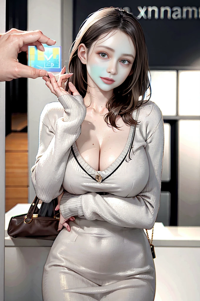 to be born, One Girl, alone, colorful, (masterpiece, Highest quality:1.3), (Absurd:1.3),  lure、Carry a luxury handbag,  Realistic, 
(Detailed skin:1.3, Detailed face:1.3), delicate, (Mature Woman:1.2), 
(Huge breasts:1.4, Thin thighs:1.2, narrow :1.1),  Lewd smile, 
 Pink Lips, 
(Straight hair), View your audience,  Open cardigan and (Light grey cotton V-neck midi dress:1.2), Happy female face