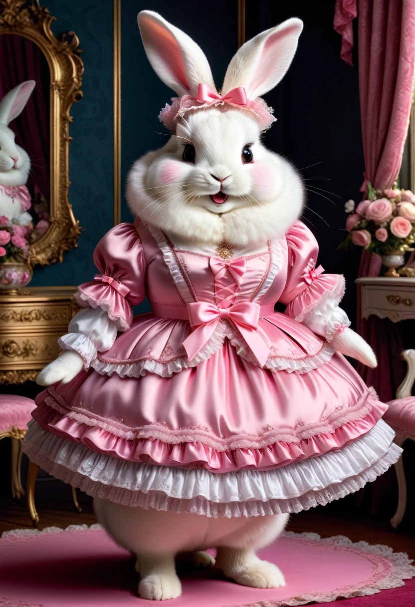 photorealistic portrait of Dressed animals-a ((fat)) ((angora rabbit)) princess,(furry), (elegant pose:1.5), (hands on hips:1.5),(smile:1.5),high quality,(),(lovely) ,intricate details, Wearing Gothic & ta pink dress , ( brim on head), highly detailed ((dress with frills and ribbon)) ,highly detailed accessories, high sox , (happy), soft lighting,(full body image:2.0),in Rococo style room background,,score_9, score_8_up, score_7_up, score_6_up, score_5_up, score_4_up,