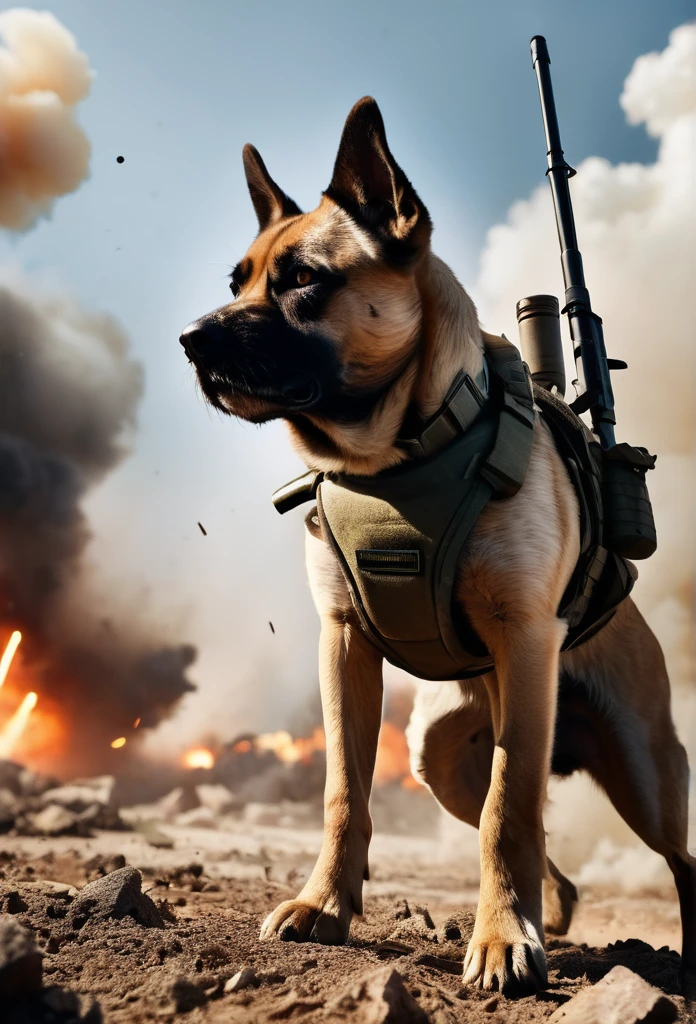 **Description for Creating an Image: "The Fighter Dog in an Epic Battle"**

**Title:** "The Little Fighter: Unyielding Courage"

**Image Details:**
- **Scene:** A modern battlefield filled with smoke, fire, and explosions.
- **Dog:** A small dog in modern camouflage combat gear, standing bravely amidst the chaos, showing signs of fatigue and wounds.
- **Background:** Explosions and gunfire, with smoke filling the sky and debris flying around.
- **Details:** Film grain adds a realistic cinematic touch, captured in insanely detailed 8K UHD.

**Tagline:**
"Unyielding Courage: The Little Fighter in an Epic Battle"