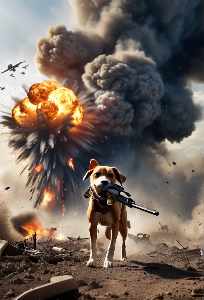 **Description for Creating an Image: "The Fighter Dog in an Epic Battle"**

**Title:** "The Little Fighter: Unyielding Courage"

**Image Details:**
- **Scene:** A modern battlefield filled with smoke, fire, and explosions.
- **Dog:** A small dog in modern camouflage combat gear, standing bravely amidst the chaos, showing signs of fatigue and wounds.
- **Background:** Explosions and gunfire, with smoke filling the sky and debris flying around.
- **Details:** Film grain adds a realistic cinematic touch, captured in insanely detailed 8K UHD.

**Tagline:**
"Unyielding Courage: The Little Fighter in an Epic Battle"