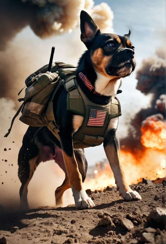 Description for Creating an Image: "The Fighter Dog in an Epic Battle"
le: "The Little Fighter: Unyielding Courage"
Image Details:
- Scene: A modern battlefield filled with smoke, fire, and explosions.
- Dog: A small dog in modern camouflage combat gear, standing bravely amidst the chaos, showing signs of fatigue and wounds.
- Background: Explosions and gunfire, with smoke filling the sky and debris flying around.
- Details: Film grain adds a realistic cinematic touch, captured in insanely detailed 8K UHD.
Tagline:
"Unyielding Courage: The Little Fighter in an Epic Battle"