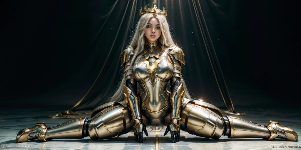 Sitting woman attractive face beautiful full body, thick legs, hips. Goddess with long white hair, on her head crown, wearing iron home-style armor, futuristic. Iron Home Style Templar Armor with Gold Details Open Neckline, Details: 1.2) 4K Ultra HD, Digital SLR, Soft Lighting, High Quality