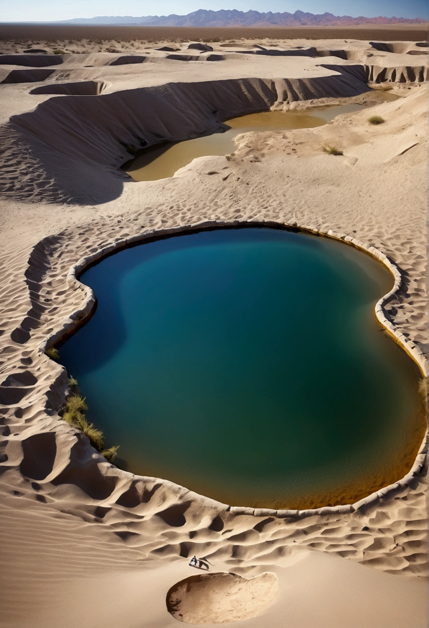 Large natural freshwater pool connected to a tributary in the middle of the desert, dune, deep, dry, sunny, Clear skies, detailed, Practical, Vantage point view outside the frame, , Low resolution, copy, morbid, crazy, dark, crawl, Fusion, Blurred background, low quality, Uneven, Alien World