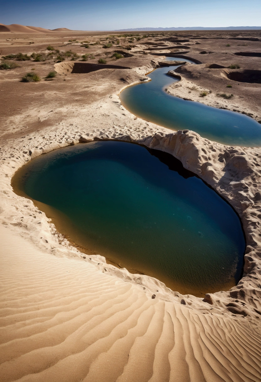 Large natural freshwater pool connected to a tributary in the middle of the desert, dune, deep, dry, sunny, Clear skies, detailed, Practical, Vantage point view outside the frame, , Low resolution, copy, morbid, crazy, dark, crawl, Fusion, Blurred background, low quality, Uneven, Alien World