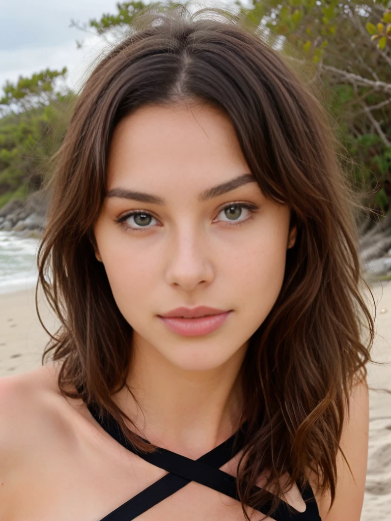 Jolie belle brune maillot sexy (black har) (sur la plage), Low cut, very detailed, 18 ans, Visage innocent, naturally wavy hair, yeux verts, high resolution, head of'ouvrages d'art, best quality, intricate details, very detailed, mise au point nette, detailed skin, texture de peau realistic, texture, detailed eyes, professionnel, 4K, charming smile, prise avec Canon, 85 millimeters, slight depth of field, Kodak Vision Color, corps parfaitement ajusté, extremely detailed, Photograph_\(ultra\), photographiquerealistic, realistic, Post-traitement, Maximum details, roughness, real life, ultrarealistic, photorealism, photographie, 8k uh, photographie