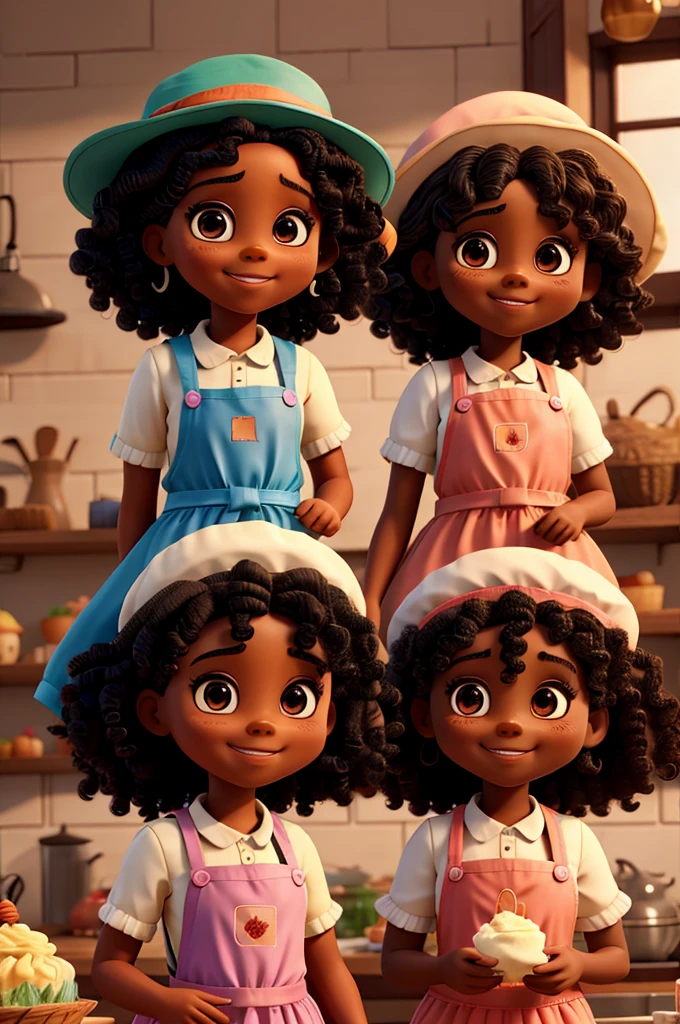 Just Two black dolls with curly hair, Grinning, with apron and confectioners hat making sweets