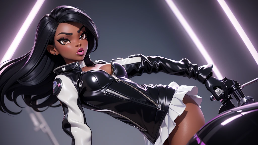 obra prima, melhor qualidade, ((two women only,)) ((candace owens, dark black skin, jet black mullet hair, puffy duck lips, shiny pearl lipstick,)) head back, ((sexy sultry wicked look, open mouth, pucker mouth,)) ((wearing shiny periwinkle pvc biker blazer,)) ((jacket is unzipped and wide open, small breasts, nip slip,)) jacket has padded puff shoulders, shiny leather gloves, ((shiny cream white micro mini pvc skirt,)) body is skinny, shiny tight buttocks, ((in luxury convertible, sexy tongue kissing, stick shift between legs,)) (camera view of whole body,) looking up at me, shallow depth of field, highres, HD, 8k, anatomically correct