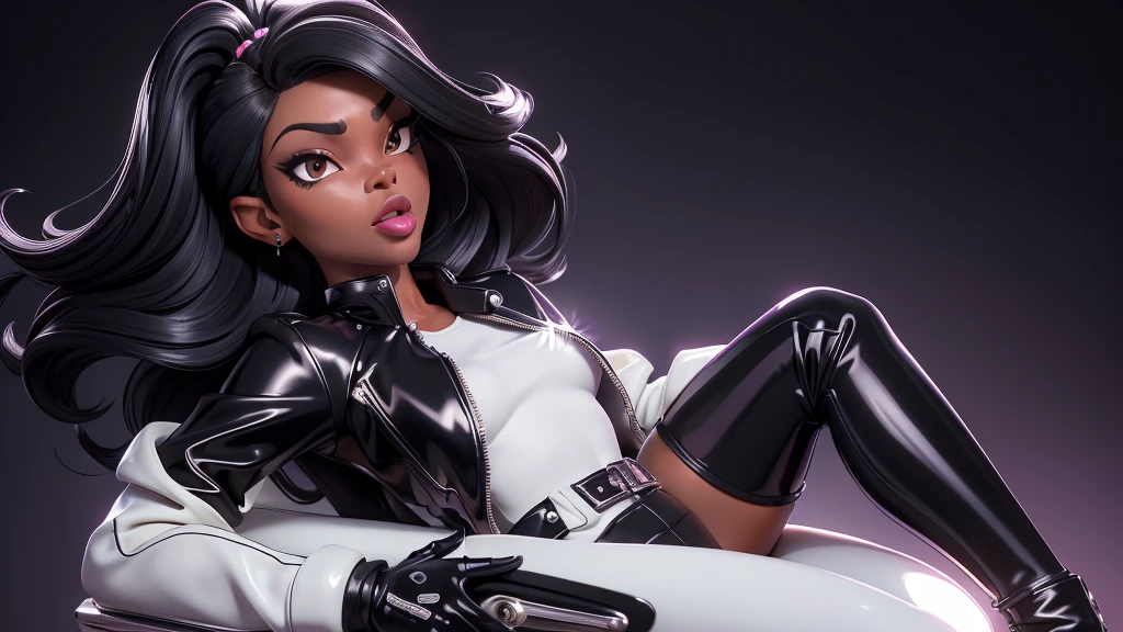 obra prima, melhor qualidade, ((two women only,)) ((candace owens, dark black skin, jet black mullet hair, puffy duck lips, shiny pearl lipstick,)) head back, ((sexy sultry wicked look, open mouth, pucker mouth,)) ((wearing shiny periwinkle pvc biker blazer,)) ((jacket is unzipped and wide open, small breasts, nip slip,)) jacket has padded puff shoulders, shiny leather gloves, ((shiny cream white micro mini pvc skirt,)) body is skinny, shiny tight buttocks, ((in luxury convertible, sexy tongue kissing, stick shift between legs,)) (camera view of whole body,) looking up at me, shallow depth of field, highres, HD, 8k, anatomically correct