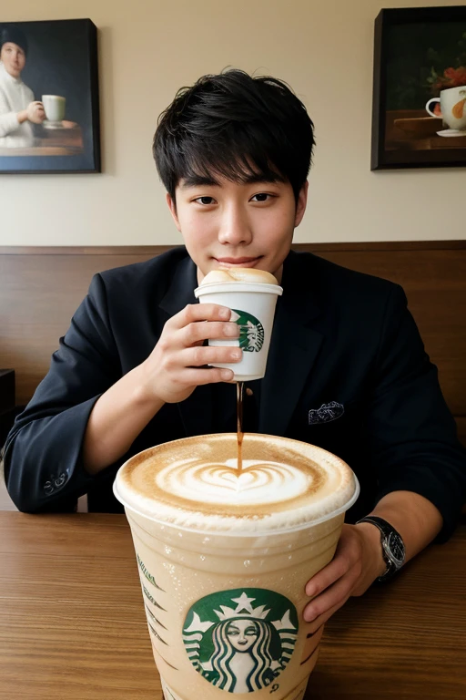 ((best quality)), ((masterpiece)), (detailed), Masterpiece, best image,korean,1guy,Starbucks,dating,holding coffee,,seating,