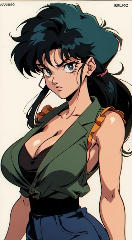 anime girl, 90s anime, vintage classic anime aesthetic, fashionable, yu yu hakusho, ranma 1/2 anime, long black hair, soft expression, cleavage, big breasts, 90s fashion