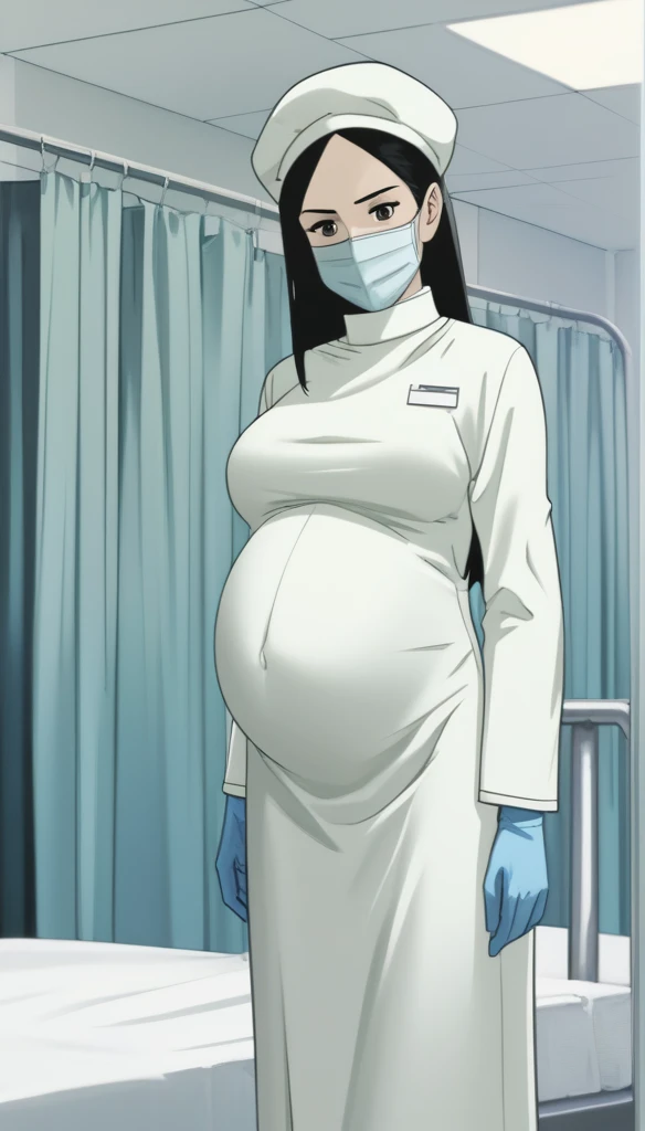 score_9,  score_8_up, score_7_up, source_anime, raw image, masterpiece, highest quality, kasuganoray, pale skin, she narrowed her eyes, eyes want to have sex, her eyes were filled with a high level of lust, looking_at_viewer, long black hair, close ears, big breasts, scrubs, surgical mask, bouffant cap, long sleeve maternity dress, put on another long sleeved coat, seamless, navel head, the dress isn't wrinkled, tight fitting, long white stockings, 
1girl, pregnant, solo, sexy, long rubber gloves, looking down, look at viewer, furrowed brow, hospital bed, light shines from the ceiling, standing, patient room background, she has a high sex drive, she is sexually arousing, she looked like she really wanted to have sex, she is inquiring about the patient's condition, she persuaded him to have sex with her, she invites you have sex with her, she invites you to have sex with her, she acted sexually