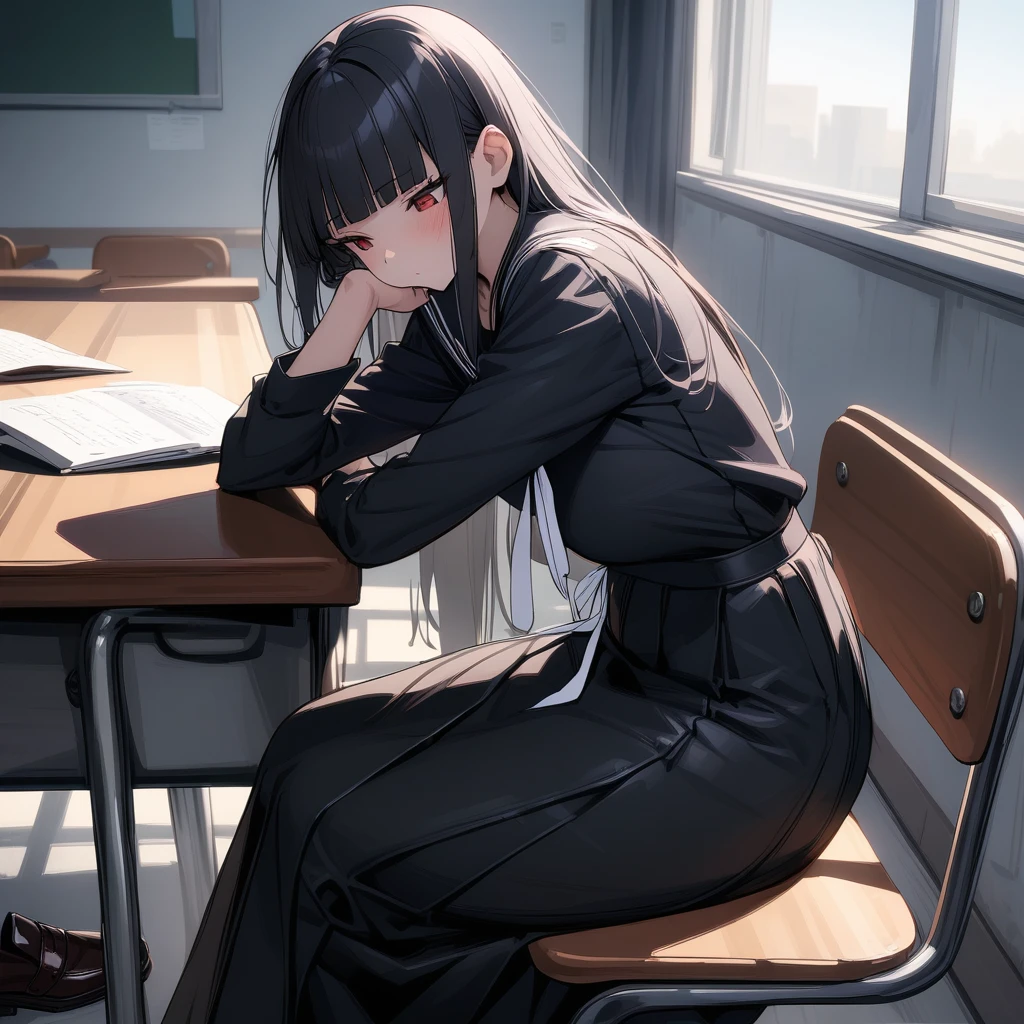 (masterpiece,best quality,very aesthetic),(ultra-detailed),(atlach-nacha,degenerate),1girl,20yo,Statuesque,curvy,tall,long hair, black hair,straight hair,(blunt bangs),beautiful red eyes,sleepy,sleepy eyes,Dimly,look down on with disdain,black serafuku in winter,long sleeves,(long skirt),white ribbon tie,daytime,Lazy afternoon sunlight,leather shoes,classroom,hand on cheek,Elbows on the desk,sitting on chair,desk,chair,solo,looking away,cowboy shot,from side