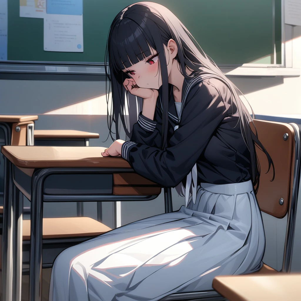 (masterpiece,best quality,very aesthetic),(ultra-detailed),(atlach-nacha,degenerate),1girl,20yo,Statuesque,curvy,tall,long hair, black hair,straight hair,(blunt bangs),beautiful red eyes,sleepy,sleepy eyes,Dimly,look down on with disdain,black serafuku in winter,long sleeves,(long skirt),white ribbon tie,daytime,Lazy afternoon sunlight,leather shoes,classroom,hand on cheek,Elbows on the desk,sitting on chair,desk,chair,solo,looking away,cowboy shot,from side