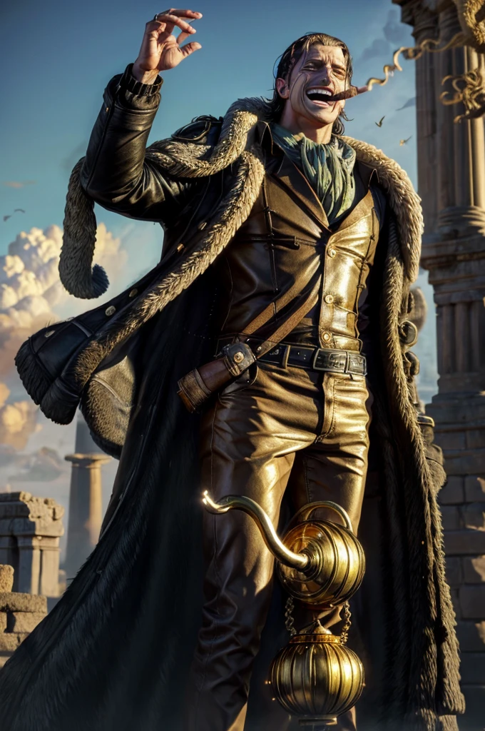 masterpiece, best quality, extremely detailed, hyperrealistic, photorealistic, a cool 40s man, ultra detailed face:1.3, fur-trimmed coat, scarf around the neck, his left hand is a golden pirate hook:1.1, cigar, laughing, ancient ruins with a lot of white clouds, above the clouds, giant bell made of gold, sculptures made of gold