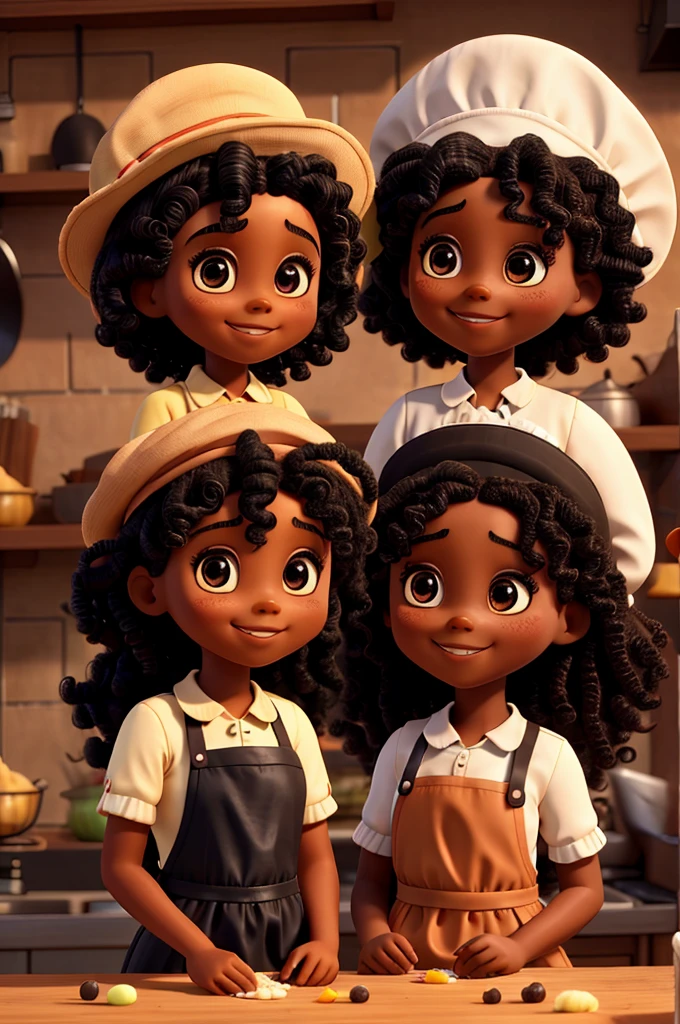 Just Two black dolls with curly hair, Grinning, with apron and confectioners hat making sweets