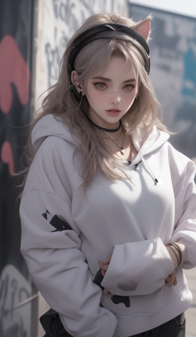 Cute cat girl vegeta peitos grandes sexy dressed in a white gold hoodie with pastel pink accents, oversized headphones snugly fit around its neck, mid-action as it maneuvers through an urban setting, backdrop of graffiti-covered walls, contemporary streetwear fashion vibe, pastel tones, soft-focus background, bokeh lights, digital painting, ultra fine, ultra realistic