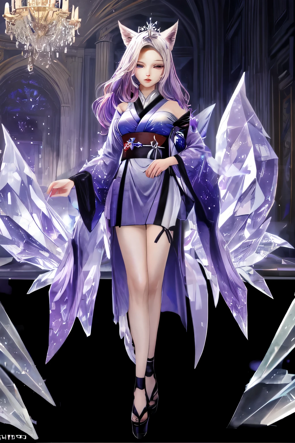 ((best quality)), ((masterpiece)), (detailed), detailed purple eyes, detailed hands, full-body image, humanoid kitsune, wearing a short kimono, crystallized crown, light purple hair, light purple fox ears, 2 crystal foxtails, only 2 crystal foxtails, 1 star shape crystal on forehead, delicate and beautiful detailing, detailed hands, well-proportioned detailed purple eyes, well-proportioned hands, well-proportioned face, round detailed purple eyes, beautiful detailed and clear purple eyes, volume smooth and sharp, long flat light purple bangs, fictional art, best photos, best quality, 1 very beautiful and meticulous star shape forehead crystal