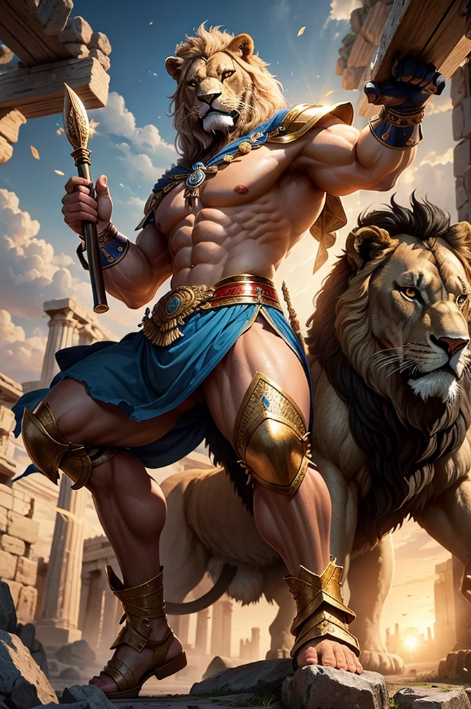 strong and beautiful Greek warriors fighting lions and bears