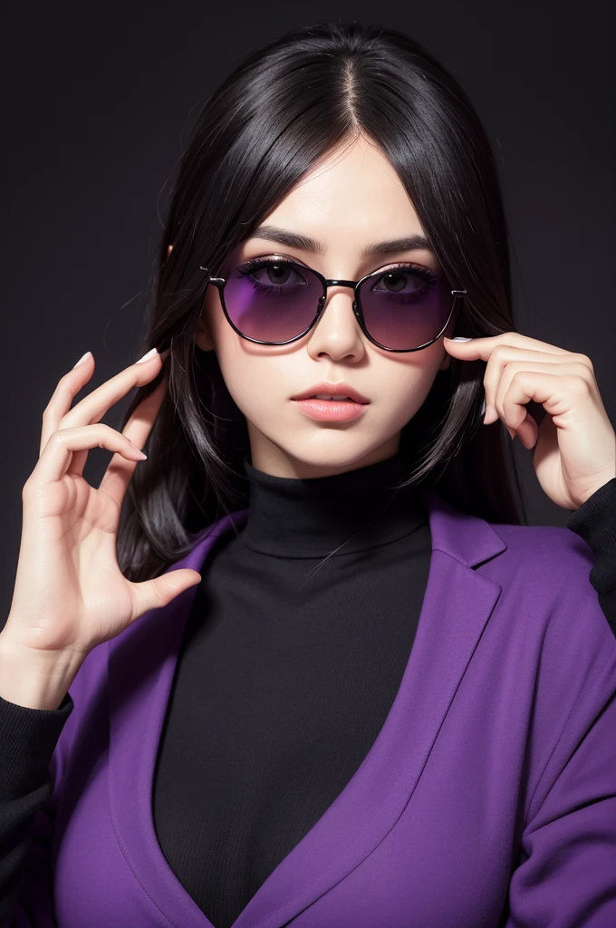 Create an image that has a character wearing sunglasses on one side and a black background, and on the other side of the photo there is one with black glasses and a purple background