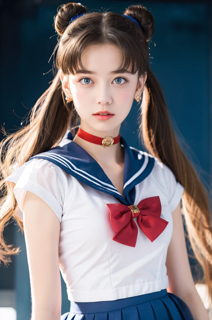 masterpiece, Highest quality, Sailor Moon,One girl, Long Hair,jewelry, Sailor Warrior Uniform, Blue sailor collar,Blonde, Red choker,White gloves, Twin tails, Red Bow, Blue Skirt, blue eyes, Hair Bun,whole body