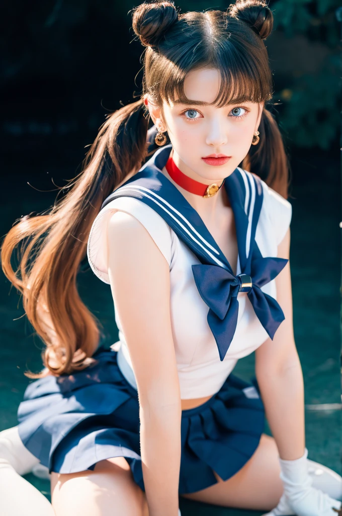 masterpiece, Highest quality, Sailor Moon,One girl, Long Hair,jewelry, Sailor Warrior Uniform, Blue sailor collar,Blonde, Red choker,White gloves, Twin tails, Red Bow, Blue Skirt, blue eyes, Hair Bun,whole body