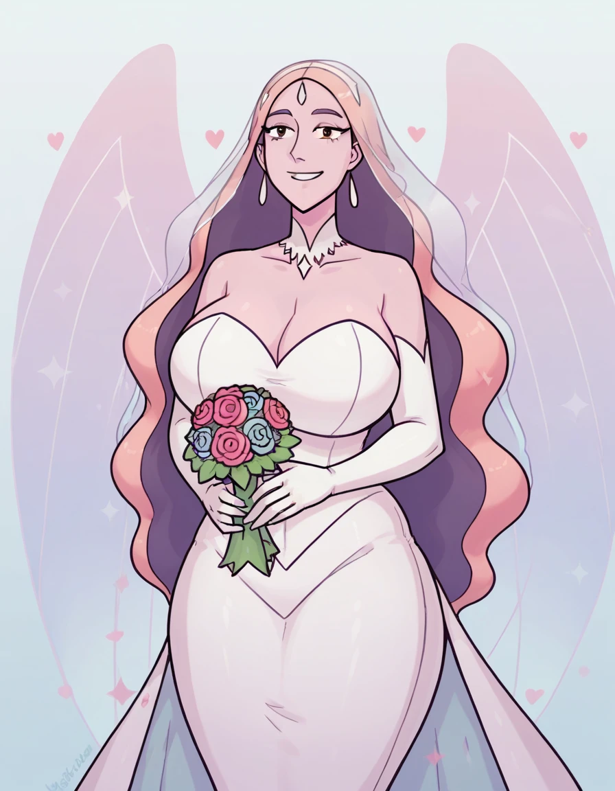 queen angela (she-ra and the princesses of power), very smiling, Women, huge breasts, huge butt. wearing a wedding dress, beautiful wedding costume, without veil, holding a bouquet of flowers, alone,