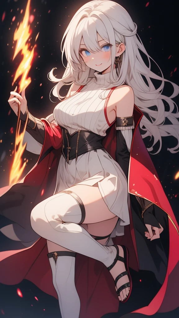 masterpiece, best quality, solo girl, silver hair, blue eyes, long hair, medium breasts, sexy body and face, wavy hair, smile, parted lips, red lips, circlet, skirt, bridal gauntlets, jewelry, cape, bare shoulders, sandals, sleeveless dress, red cape, long sleeves, wide sleeves, side slit, white dress, detached sleeves, turtleneck, ribbon, pink dress, fingerless gloves, cafe, sexy pose, cowboy shots, detailed body, face, and eyes, sharp focus, vibrant, creative, dynamic, high definition, high resolution, 8k, (Upscale: R-ESRGAN 4x+ Anime6mage enchance:4x), voluptuous body, cinema lightning, dakimakura style, looking at the viewer, 