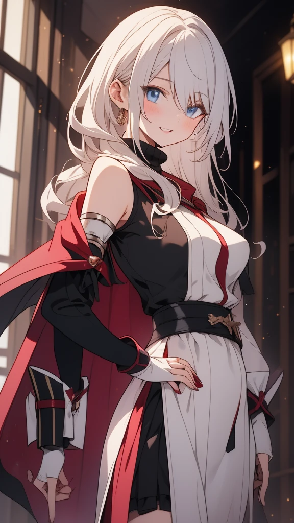 masterpiece, best quality, solo girl, silver hair, blue eyes, long hair, medium breasts, sexy body and face, wavy hair, smile, parted lips, red lips, circlet, skirt, bridal gauntlets, jewelry, cape, bare shoulders, sandals, sleeveless dress, red cape, long sleeves, wide sleeves, side slit, white dress, detached sleeves, turtleneck, ribbon, pink dress, fingerless gloves, cafe, sexy pose, cowboy shots, detailed body, face, and eyes, sharp focus, vibrant, creative, dynamic, high definition, high resolution, 8k, (Upscale: R-ESRGAN 4x+ Anime6mage enchance:4x), voluptuous body, cinema lightning, dakimakura style, looking at the viewer, 