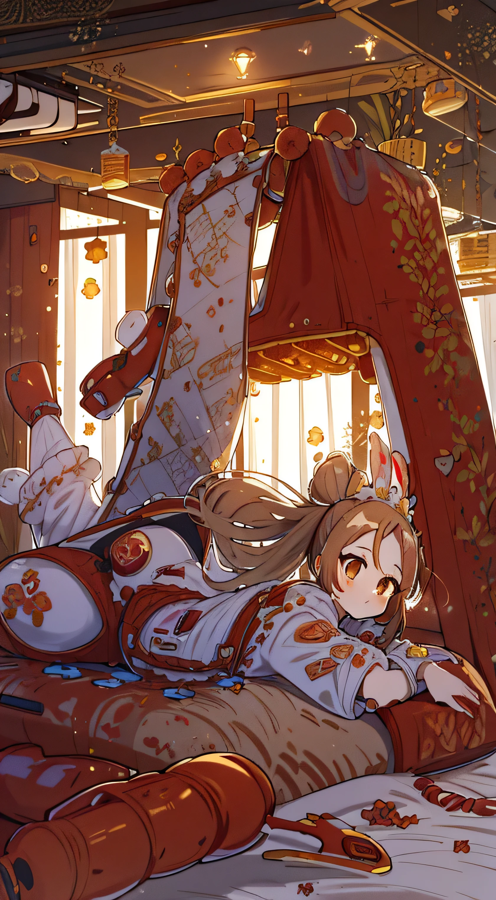 1GIRL, finely detailed, (best quality), hdr, hi res, high resolution, (masterpiece), absurdres, (intricate details), cute style, ((long brown hair in ponytail)), ((plugsuit)), battle suit, ((red and white clothes)), ((mecha style clothes)), beautiful face, happy, cute face, pinup, perfect face, in futuristic city, dynamic, laying down, knees_up, (curled up), cape