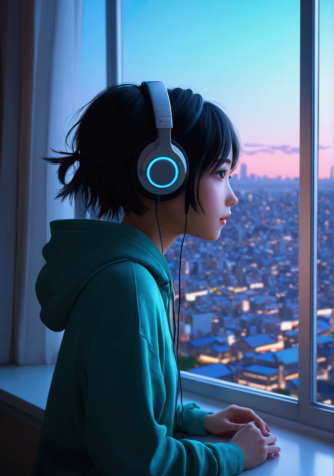 Anime girl wearing headphones looking out the window at the city, Lo-fi Girl, Anime atmosphere, Lofi Artstyle, Anime Style 4k, Anime Aesthetics, Nightcore, Lo-fi feeling, Lofi Art, anime art wallpaper 4k, anime art wallpaper 4k, anime wallpaper 4k, anime wallpaper 4k, An atmosphere of praise In the style of Makoto Shinkai