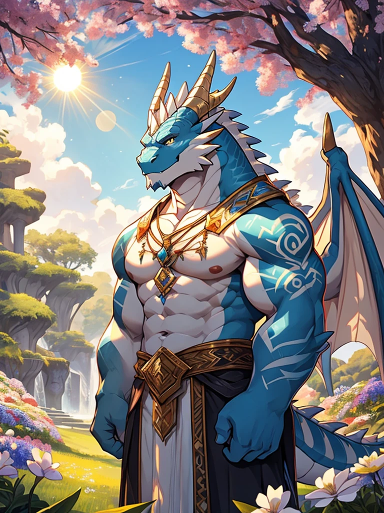 A white dragon orc whose color is white and symbolizes pure kindness,Sideways chest with partial gold stripe tattoo,The wings are slightly transparent and emit blue light.,Surrounded by flowers,Leaning against the tree on the far right,The sun shines down from the upper left,The whole dragon looks sacred and friendly