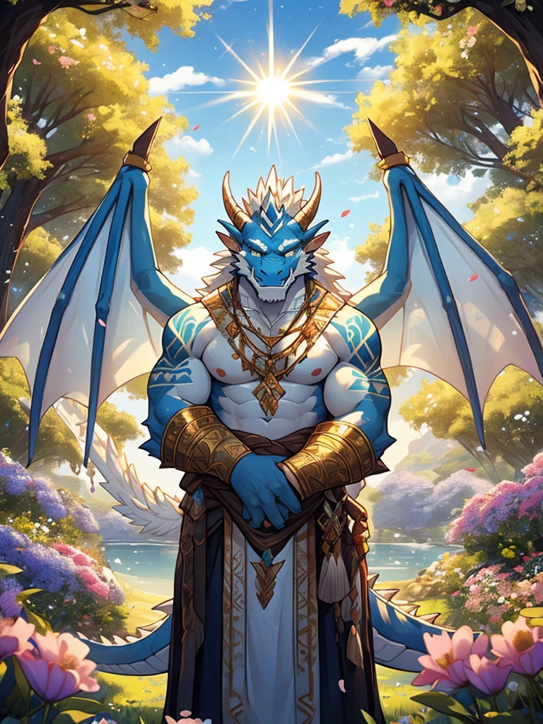 A white dragon orc whose color is white and symbolizes pure kindness,Sideways chest with partial gold stripe tattoo,The wings are slightly transparent and emit blue light.,Surrounded by flowers,Leaning against the tree on the far right,The sun shines down from the upper left,The whole dragon looks sacred and friendly