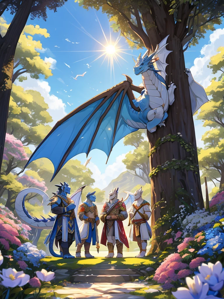 A white dragon orc whose color is white and symbolizes pure kindness,Sideways chest with partial gold stripe tattoo,The wings are slightly transparent and emit blue light.,Surrounded by flowers,Leaning against the tree on the far right,The sun shines down from the upper left,The whole dragon looks sacred and friendly
