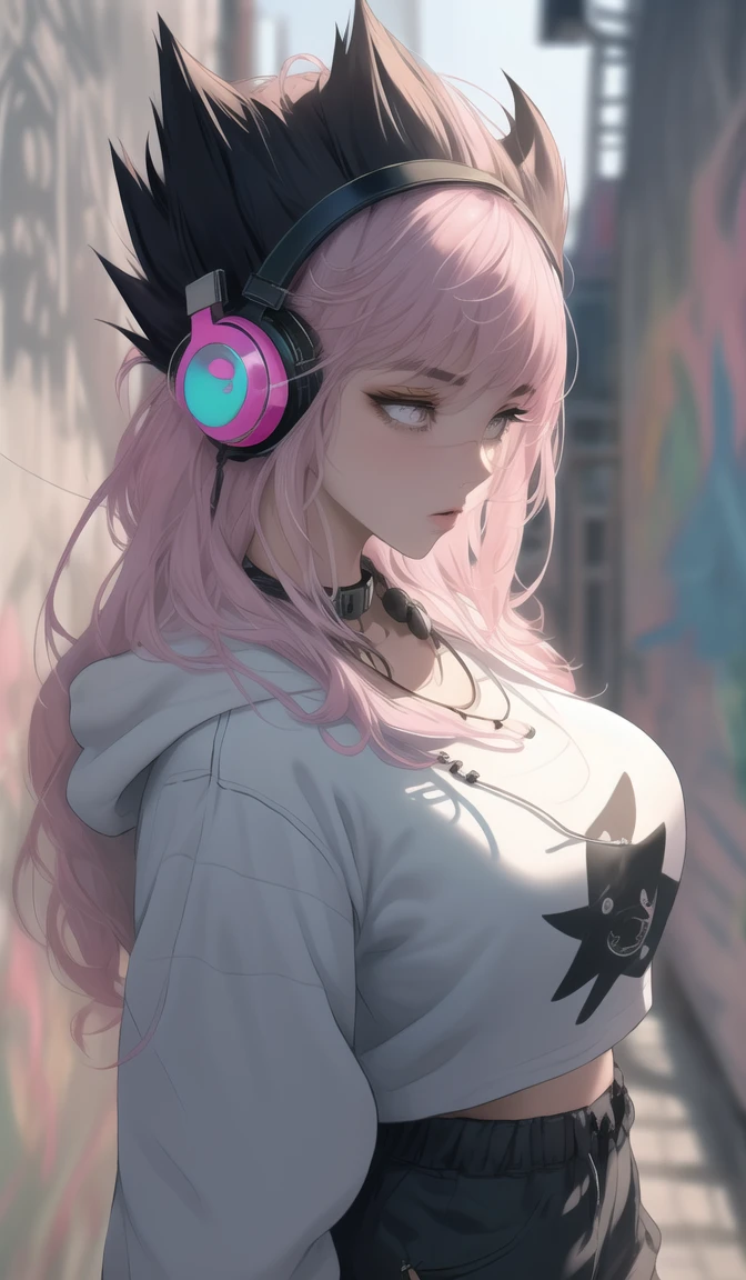 Cute cat girl vegeta peitos grandes sexy dressed in a white gold hoodie with pastel pink accents, oversized headphones snugly fit around its neck, mid-action as it maneuvers through an urban setting, backdrop of graffiti-covered walls, contemporary streetwear fashion vibe, pastel tones, soft-focus background, bokeh lights, digital painting, ultra fine, ultra realistic