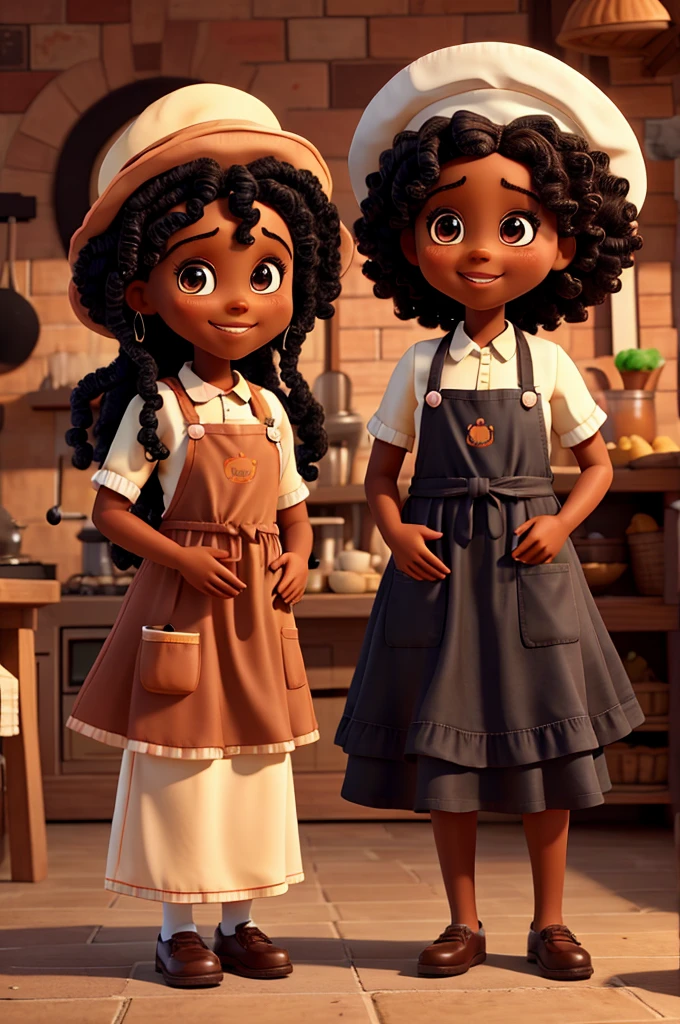 Just Two black dolls with curly hair, Grinning, with apron and confectioners hat making sweets
