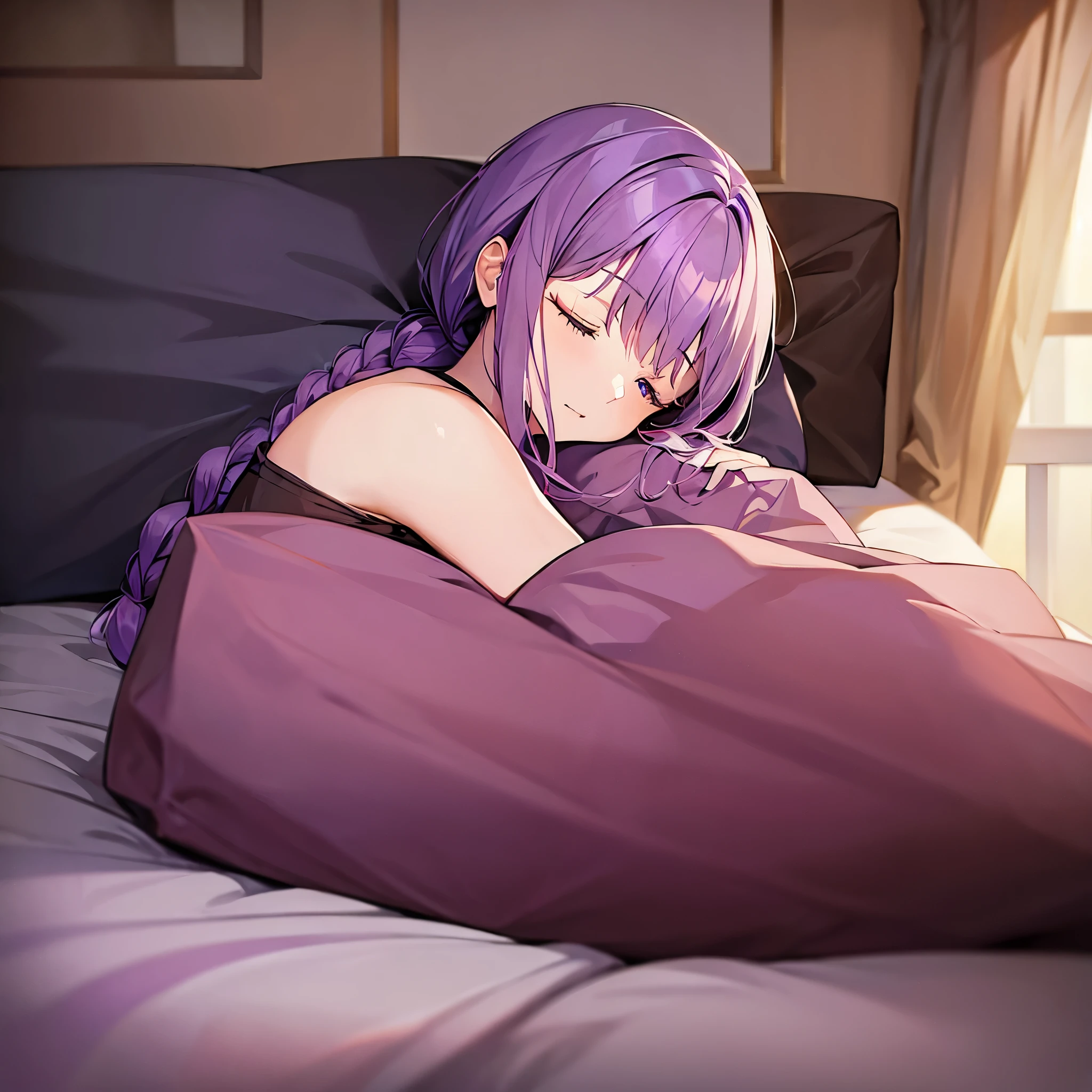 ((best quality)), ((masterpiece)), (detailed), 1girl, light purple hair, ponytail, sleeping in bed, purple aesthetic, aesthetic room, bedroom