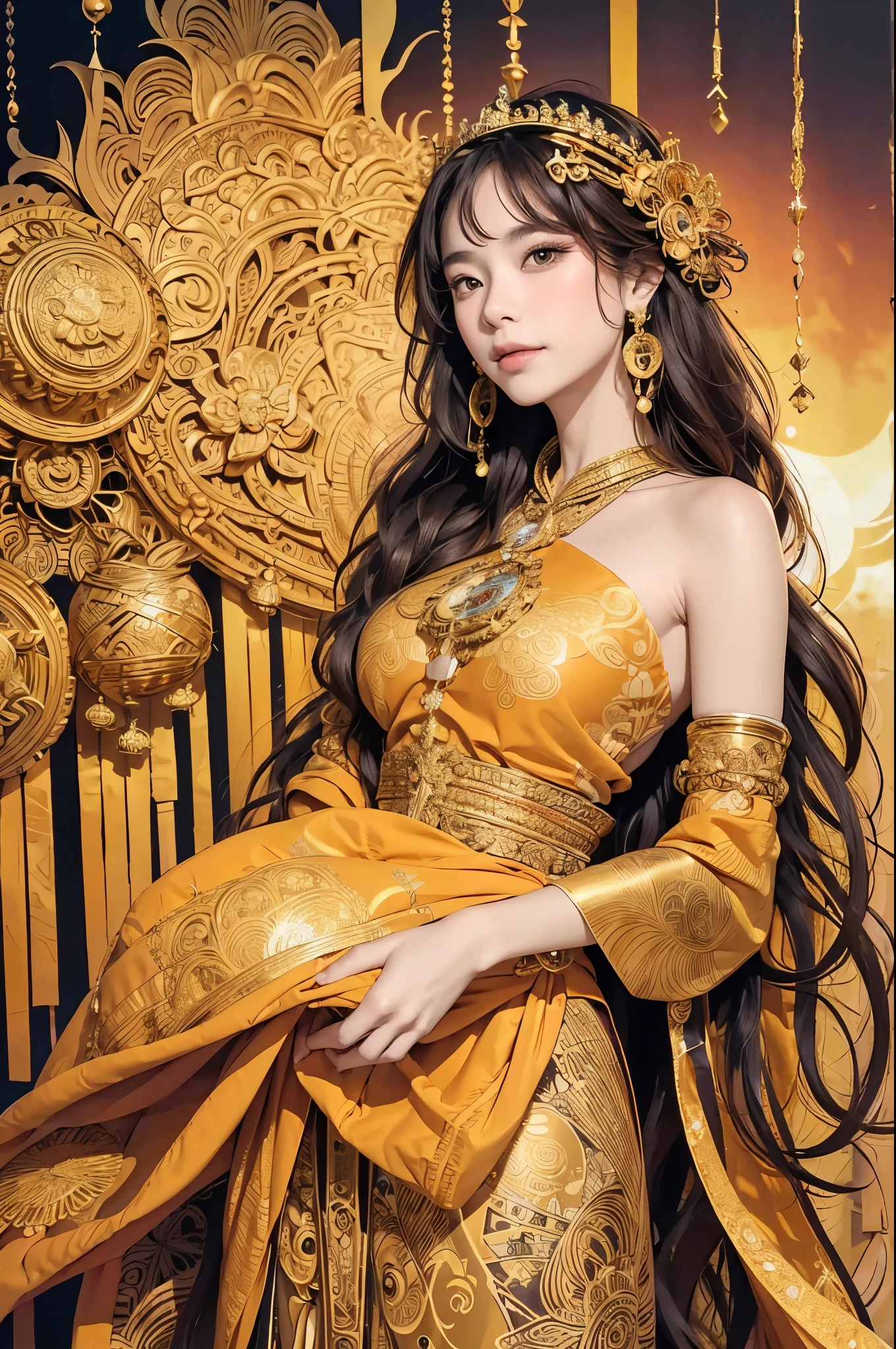 masterpiece Thai princess in gold, sunset fire by Gustavo Klimt, official art, unified 8k wallpaper, Super detailed, fair Beauty, (mThai princess, masterpiece, best quality, (Zentangle, mandala, Tangled, twist), (ecstasy flower: 1.2) Dynamic angle, modest Thai royal dress, happy smiles, The Most fair Chaotic Forms, grace, brutalist design, bright colors, atmosphere, Golden sunset, sun god, feather, fire, by Gustav Klimt