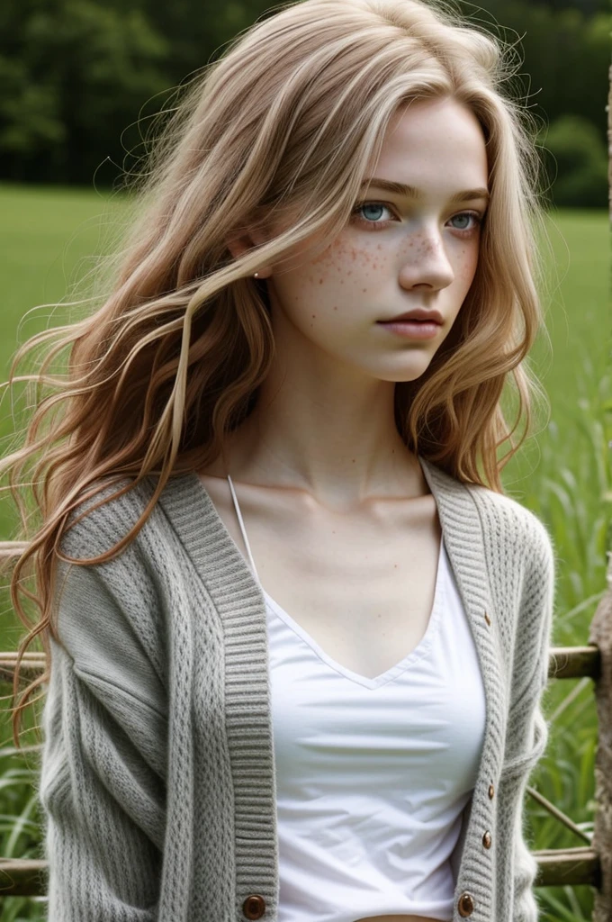 1girl in, age19, Solo, Aesthetic artwork, irish, wavy strawberry blonde hair, shoulder length hair, gray eyes, light grey eyes, some small freckles, pale skin, runners body, (textured skin, skin pores:1.1), goosebumps, wearing a cardigan, no bra, rural outdoors, making eye contact, sultry look at viewer, winsome, playing hard to get