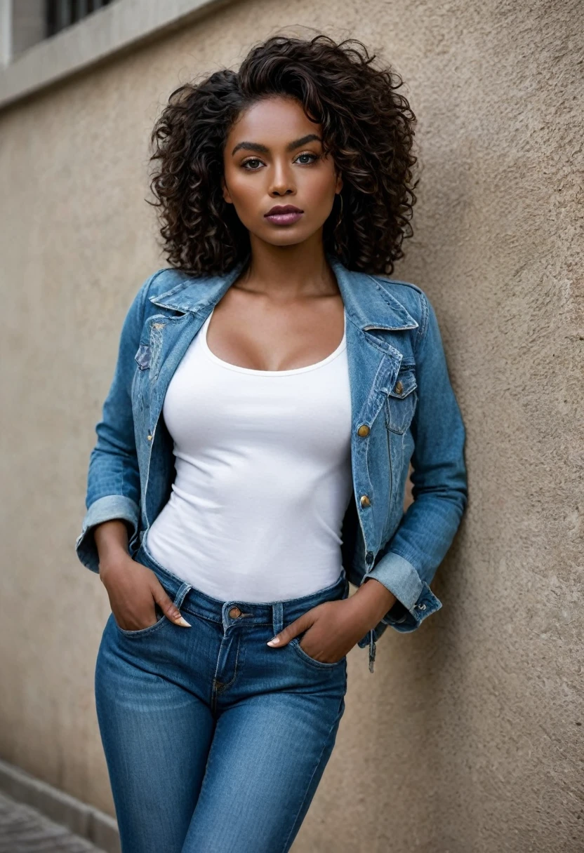 very low angle (from top to bottom): highlighting the woman in relation to the surrounding urban environment, creating a feeling of power.Woman wearing jeans, white shirt and denim jacket. Completely Arafed Woman with Green Eyes, eyes open and head up. Confident pose, confident pose, linda jovem negra de darkskin, Brazilian mixed-race black, beautiful afro-latina girl in her 30s, beautiful african and latin, Brazilian and Angolan descent, a black woman, mixing African and indigenous traits, a unique blend of indigenous ebony, African and European. The hair is extremely curly, with well-defined and voluminous curls. The natural texture. The hair is long, falling in voluminous waves around the shoulders and down the back. The hair has a lot of volume, creating a full, dense appearance. The hair is black. green eyes, eye is green, green and expressive eyes, gorgeous green eyes, realistic green eyes, detailed green eyes (eyeliner, long eyelashes).Perfect eyebrows and they are thick. the nose is small and proportional, lindo rosto. Attractive and irresistible mouth, well defined lips, fleshy lips, voluminous lips, seductive lips. the face is oval, with high cheekbones and a well-defined chin, beautiful and detailed face. professional make up, dramatic, a more impactful look with shadows that accentuate the captivating look, striking makeup, with outlined, black lipstick.skin tone: brunette skin, healthy and evenly glowing, with dark skin, darkskin, garota sexy with dark skin, detailed skin texture, Beautiful and glowing skin, details Intricate, unsmooth skin, healthy and radiant appearance. woman has a well-defined and athletic body. Your silhouette is shapely, highlighting a slim waist in contrast to fuller hips and bust. She has a prominent bust, featuring large and firm breasts, silicone breasts, voluminous breasts. Waist slender. The hips are wide and well-defined, with a pronounced hourglass shape and 