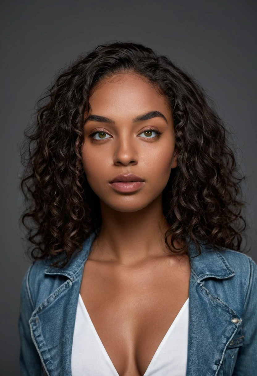 Contre-plongée (from top to bottom): highlighting the woman in relation to the surrounding urban environment, creating a feeling of power. The woman was wearing jeans, a white shirt and a denim jacket. Completely Arafed woman with green eyes, eyes open and head held high. Confident pose, confident pose, beautiful young black woman with dark skin, Brazilian mixed race black woman, beautiful 30 year old Afro-Latina girl, beautiful African and Latin woman, Brazilian and Angolan descent, a black woman, mixing African and indigenous features, a unique mix of indigenous, African and European ebony. The hair is extremely curly, with well-defined and voluminous curls. The natural texture. Her hair is long, falling in voluminous waves around her shoulders and down her back. The hair has a lot of volume, creating a full, dense appearance. The hair is black. green eyes, eye is green, green and expressive eyes, beautiful green eyes, realistic green eyes, detailed green eyes (eyeliner, long eyelashes). Perfect eyebrows and are thick. the nose is small and proportional, beautiful face. Attractive and irresistible mouth, well-defined lips, full lips, voluminous lips, seductive lips. The face is oval, with high cheekbones and a well-defined chin, a beautiful and detailed face. Professional, dramatic makeup, a more impactful look with shadows that accentuate the captivating look, Striking makeup, with eyeliner, black lipstick. Skin tone: Olive skin, healthy and with uniform shine, with olive skin, dark skin, sexy girl with skin brunette, detailed skin texture, beautiful and glowing skin, intricate details, smooth skin, healthy and radiant appearance. A woman has a well-defined and athletic body. Her silhouette is shapely, highlighting a thin waist in contrast to fuller hips and bust. She has a prominent bust, with large, firm breasts, silicone breasts, voluminous breasts. Thin waist. The hips are wide and well-defined, with a pronounced hourglass shape and a large butt. The legs are