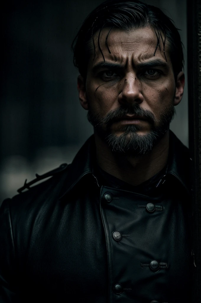 civil war battle field during battle civil war times, civil war clothes, (intensely focused gaze, piercing eyes) (detailed facial features, defined nose and lips) (Threatening atmosphere) (dark shadows and dramatic lighting) (hight contrast:1.1) (gritty texture) (intense and suspenseful:1.1) (full of action) (dynamic composition) (cinematic vibe) (Shallow depth of field) (dramatic bokeh) (film noir style) (dark, moody color palette) (captivating and mysterious) (night setting) (Urban setting) (rain-soaked streets) (Tense and suspenseful atmosphere:1.1) (impacto emocional) (intense narrative) (provocative and thought-provoking) (impressive and impactful) (work of art:1.2), (high resolution:4K), (realisitic:1.37), (proffesional)(scene two men ducked behind a wall bald head, scruffy black beard