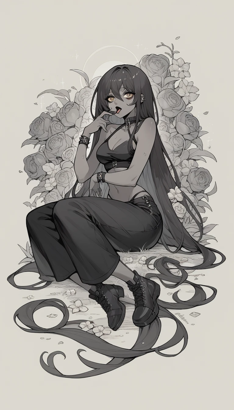 Noir (nod) wearing a black swimsuit full body goth skin black wearing a blouse with a flower in the mouth
