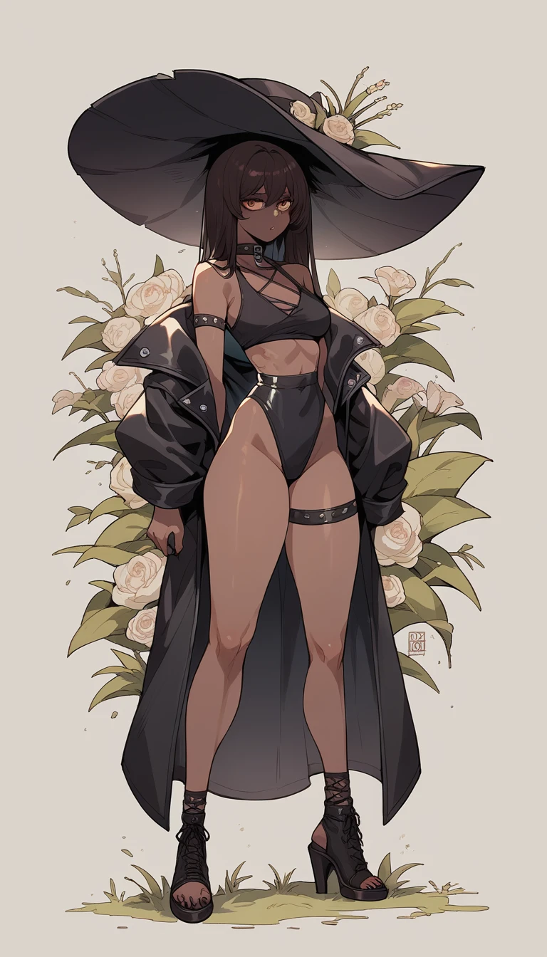 Noir (nod) wearing a black swimsuit full body goth skin black wearing a blouse with a flower in the mouth