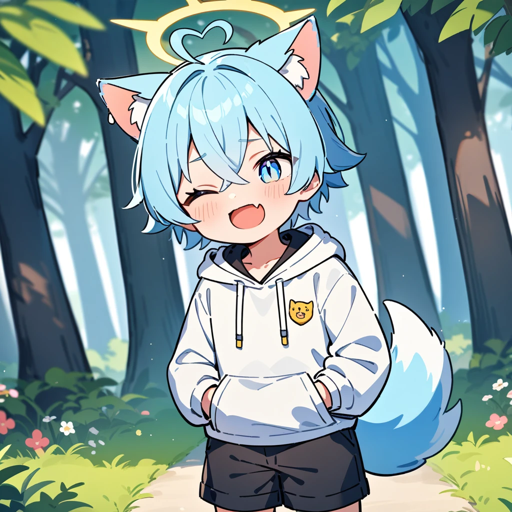 (masterpiece:1.2,high quality),4K,High resolution,A seven-year-old boy,cute boy, light blue hair,short hair,crossed bangs,light blue eyes,slit pupils,one eye closed,heart ahoge,yellow halo,cat ears,laughing,skin fang,Wearing a white hoodie,Black shorts,Stand in the forest,There are flowering trees on both sides.,primary school student,thigh,alone,dog tail,(Put your hands in your pockets),((Put your hands in your pockets))